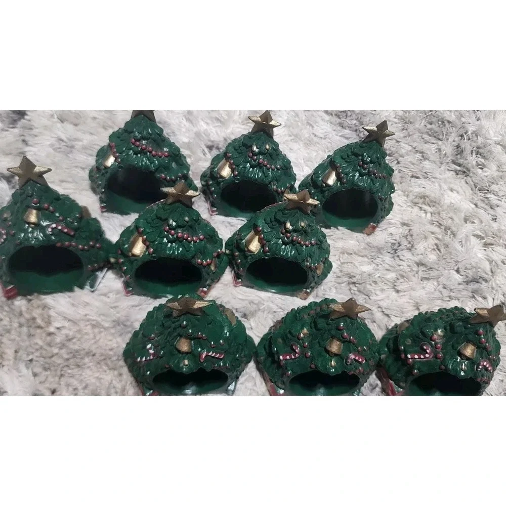 Set Of 9 Christmas Napkin Rings Green Tree  Plastic Marked Reed Star Top Vintage